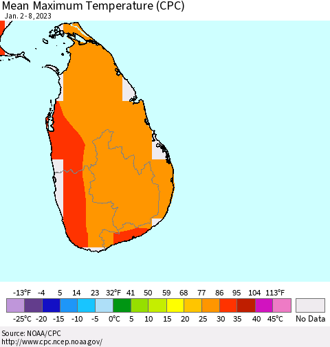 Sri Lanka Mean Maximum Temperature (CPC) Thematic Map For 1/2/2023 - 1/8/2023