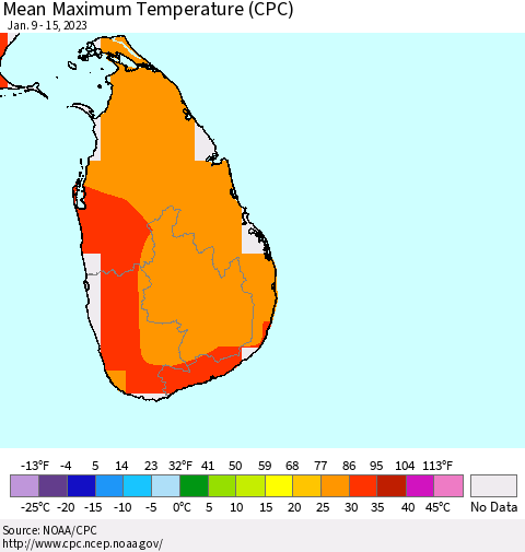 Sri Lanka Mean Maximum Temperature (CPC) Thematic Map For 1/9/2023 - 1/15/2023