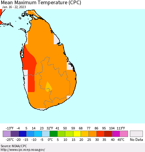 Sri Lanka Mean Maximum Temperature (CPC) Thematic Map For 1/16/2023 - 1/22/2023
