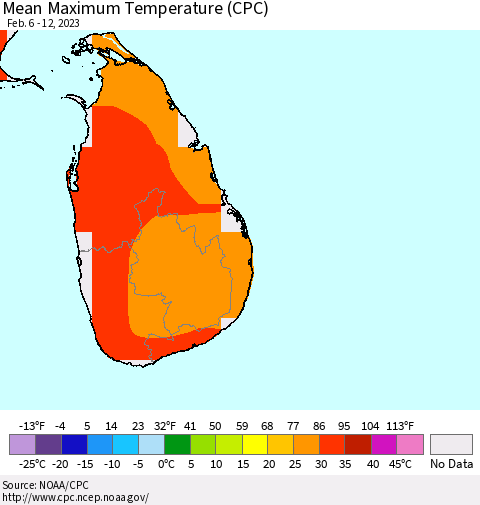 Sri Lanka Mean Maximum Temperature (CPC) Thematic Map For 2/6/2023 - 2/12/2023