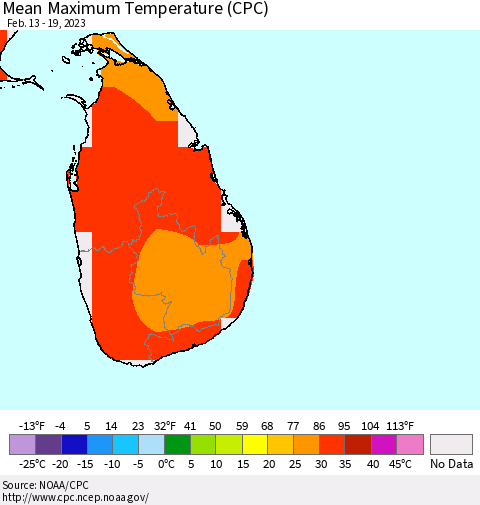Sri Lanka Mean Maximum Temperature (CPC) Thematic Map For 2/13/2023 - 2/19/2023