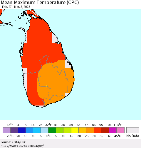 Sri Lanka Mean Maximum Temperature (CPC) Thematic Map For 2/27/2023 - 3/5/2023