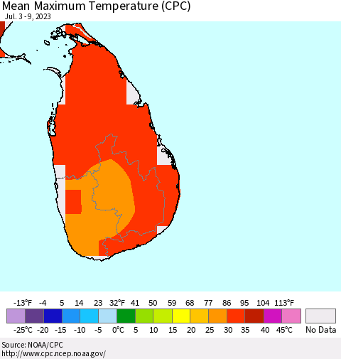Sri Lanka Mean Maximum Temperature (CPC) Thematic Map For 7/3/2023 - 7/9/2023