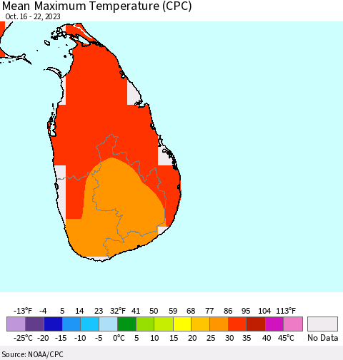 Sri Lanka Mean Maximum Temperature (CPC) Thematic Map For 10/16/2023 - 10/22/2023
