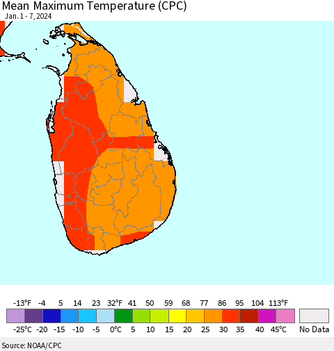 Sri Lanka Mean Maximum Temperature (CPC) Thematic Map For 1/1/2024 - 1/7/2024
