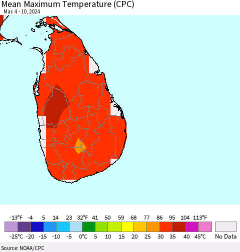 Sri Lanka Mean Maximum Temperature (CPC) Thematic Map For 3/4/2024 - 3/10/2024