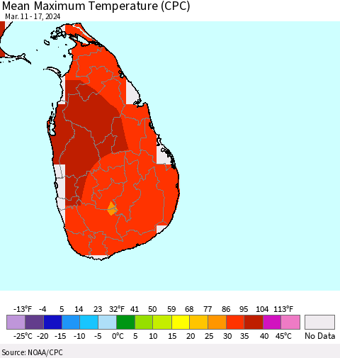 Sri Lanka Mean Maximum Temperature (CPC) Thematic Map For 3/11/2024 - 3/17/2024