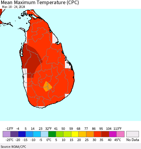 Sri Lanka Mean Maximum Temperature (CPC) Thematic Map For 3/18/2024 - 3/24/2024