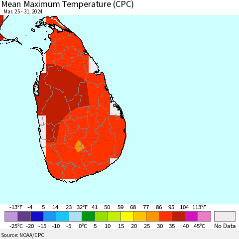 Sri Lanka Mean Maximum Temperature (CPC) Thematic Map For 3/25/2024 - 3/31/2024