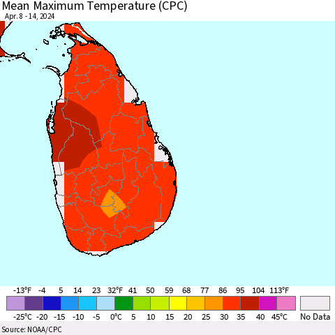 Sri Lanka Mean Maximum Temperature (CPC) Thematic Map For 4/8/2024 - 4/14/2024
