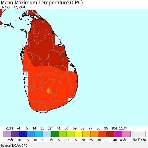 Sri Lanka Mean Maximum Temperature (CPC) Thematic Map For 5/6/2024 - 5/12/2024