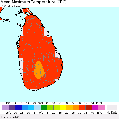 Sri Lanka Mean Maximum Temperature (CPC) Thematic Map For 5/13/2024 - 5/19/2024