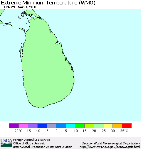 Sri Lanka Minimum Daily Temperature (WMO) Thematic Map For 10/29/2018 - 11/4/2018