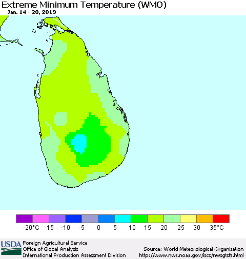 Sri Lanka Minimum Daily Temperature (WMO) Thematic Map For 1/14/2019 - 1/20/2019