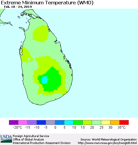 Sri Lanka Minimum Daily Temperature (WMO) Thematic Map For 2/18/2019 - 2/24/2019