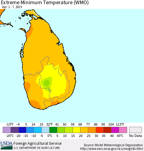 Sri Lanka Minimum Daily Temperature (WMO) Thematic Map For 4/1/2019 - 4/7/2019
