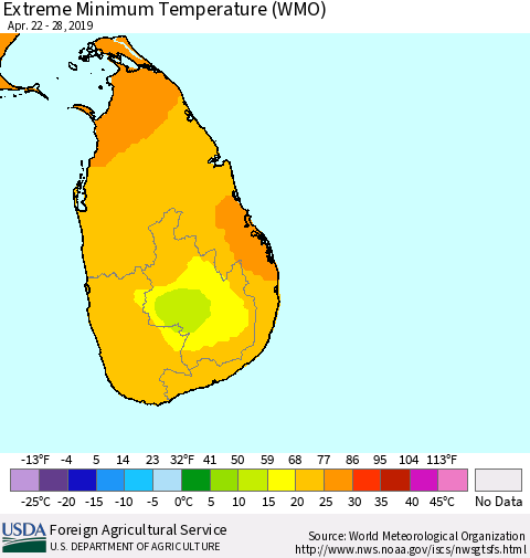 Sri Lanka Minimum Daily Temperature (WMO) Thematic Map For 4/22/2019 - 4/28/2019