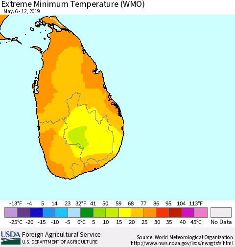 Sri Lanka Minimum Daily Temperature (WMO) Thematic Map For 5/6/2019 - 5/12/2019