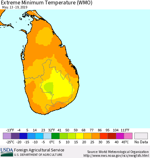 Sri Lanka Minimum Daily Temperature (WMO) Thematic Map For 5/13/2019 - 5/19/2019