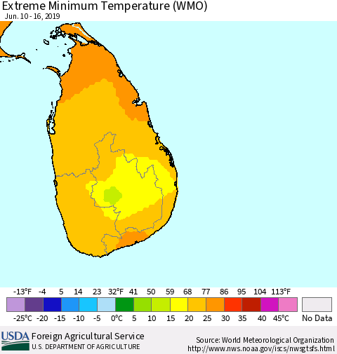 Sri Lanka Minimum Daily Temperature (WMO) Thematic Map For 6/10/2019 - 6/16/2019
