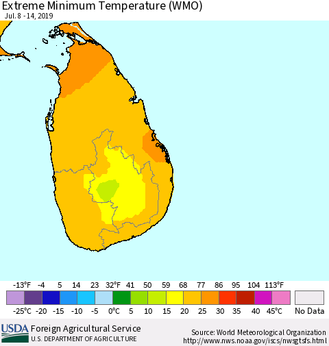Sri Lanka Minimum Daily Temperature (WMO) Thematic Map For 7/8/2019 - 7/14/2019