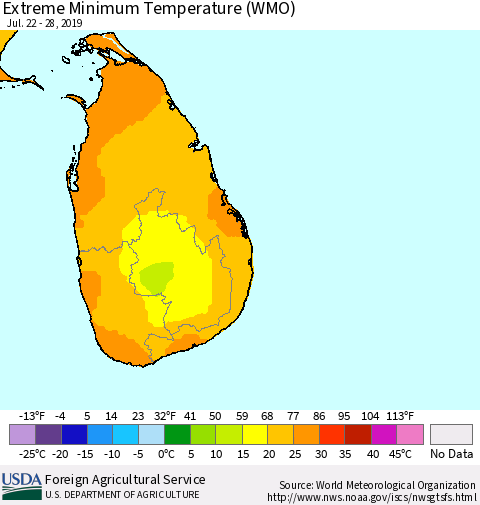 Sri Lanka Minimum Daily Temperature (WMO) Thematic Map For 7/22/2019 - 7/28/2019