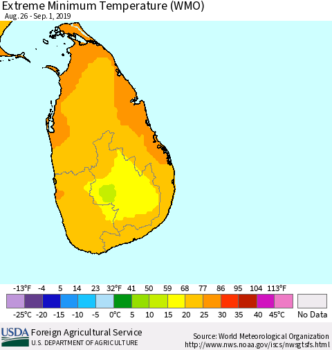 Sri Lanka Minimum Daily Temperature (WMO) Thematic Map For 8/26/2019 - 9/1/2019
