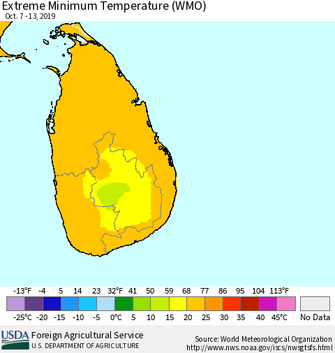 Sri Lanka Extreme Minimum Temperature (WMO) Thematic Map For 10/7/2019 - 10/13/2019