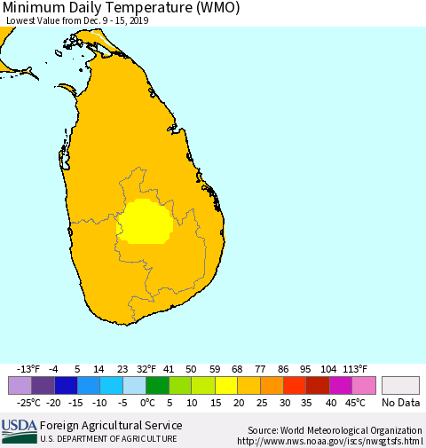 Sri Lanka Minimum Daily Temperature (WMO) Thematic Map For 12/9/2019 - 12/15/2019