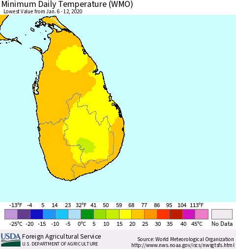 Sri Lanka Minimum Daily Temperature (WMO) Thematic Map For 1/6/2020 - 1/12/2020