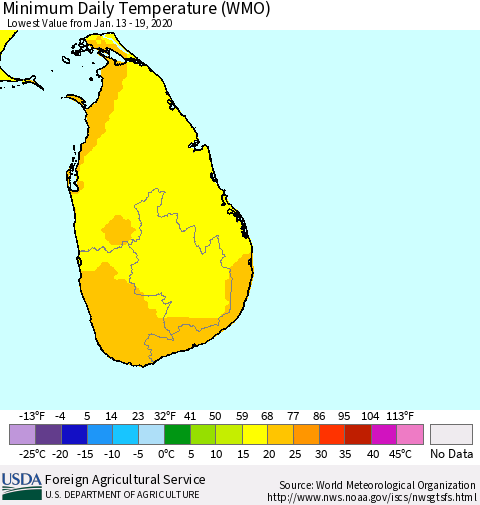Sri Lanka Extreme Minimum Temperature (WMO) Thematic Map For 1/13/2020 - 1/19/2020