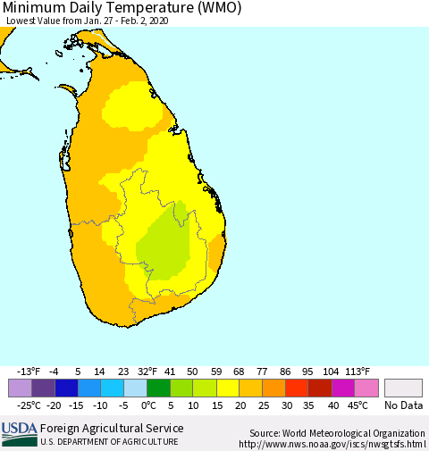 Sri Lanka Extreme Minimum Temperature (WMO) Thematic Map For 1/27/2020 - 2/2/2020