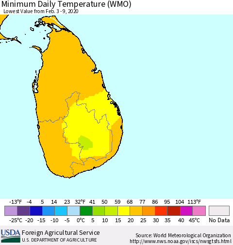 Sri Lanka Extreme Minimum Temperature (WMO) Thematic Map For 2/3/2020 - 2/9/2020
