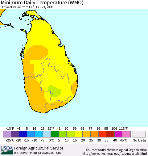 Sri Lanka Extreme Minimum Temperature (WMO) Thematic Map For 2/17/2020 - 2/23/2020