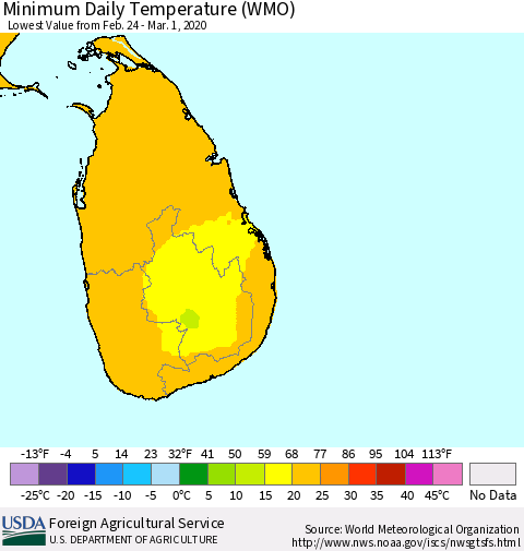 Sri Lanka Extreme Minimum Temperature (WMO) Thematic Map For 2/24/2020 - 3/1/2020