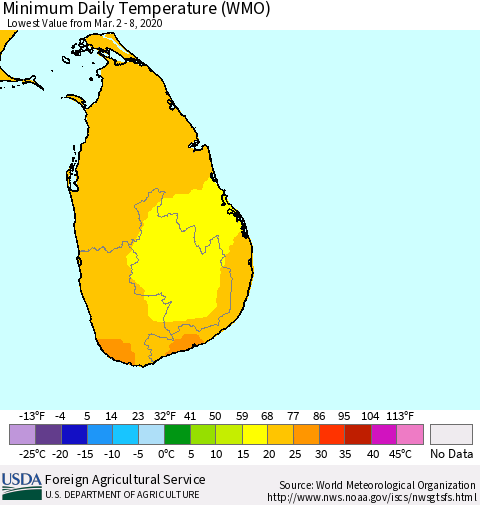 Sri Lanka Extreme Minimum Temperature (WMO) Thematic Map For 3/2/2020 - 3/8/2020