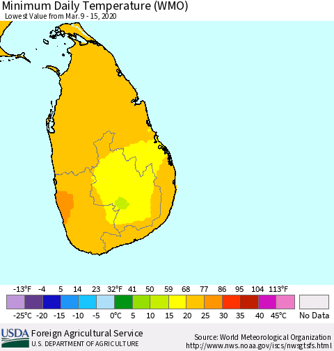 Sri Lanka Extreme Minimum Temperature (WMO) Thematic Map For 3/9/2020 - 3/15/2020