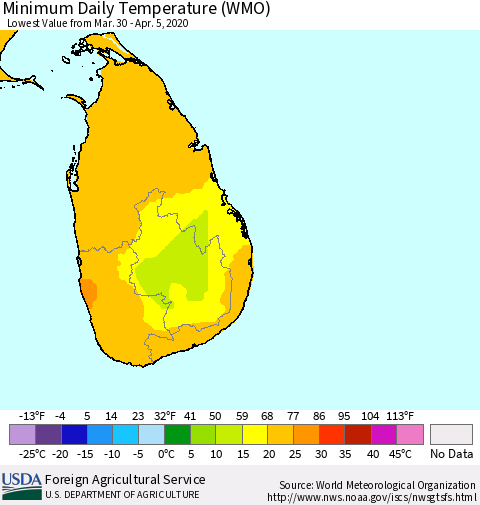 Sri Lanka Minimum Daily Temperature (WMO) Thematic Map For 3/30/2020 - 4/5/2020
