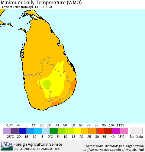Sri Lanka Extreme Minimum Temperature (WMO) Thematic Map For 4/13/2020 - 4/19/2020
