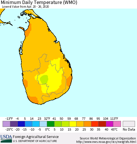 Sri Lanka Extreme Minimum Temperature (WMO) Thematic Map For 4/20/2020 - 4/26/2020