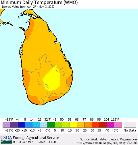 Sri Lanka Extreme Minimum Temperature (WMO) Thematic Map For 4/27/2020 - 5/3/2020