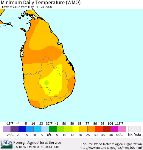 Sri Lanka Minimum Daily Temperature (WMO) Thematic Map For 5/18/2020 - 5/24/2020