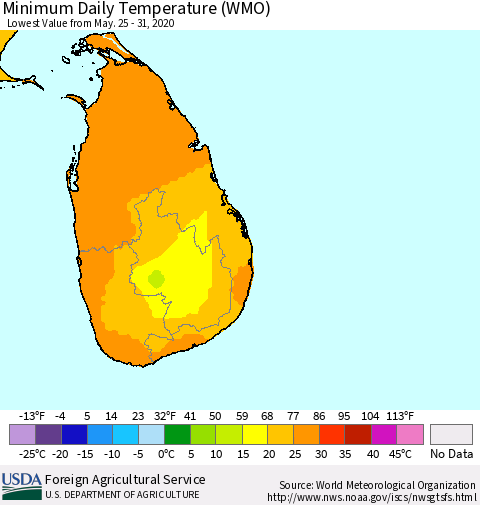 Sri Lanka Extreme Minimum Temperature (WMO) Thematic Map For 5/25/2020 - 5/31/2020