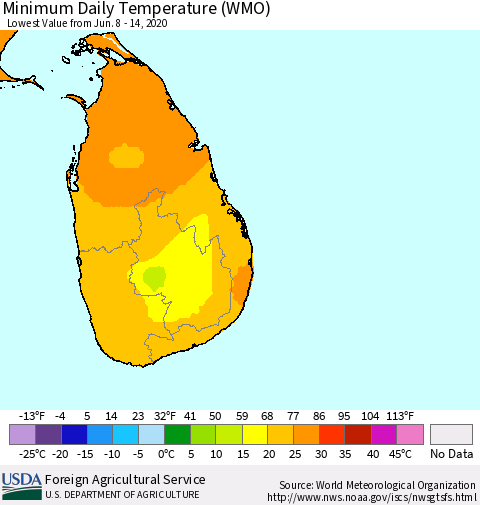 Sri Lanka Minimum Daily Temperature (WMO) Thematic Map For 6/8/2020 - 6/14/2020