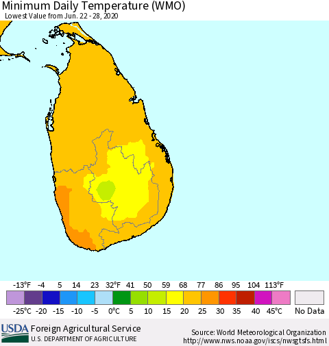 Sri Lanka Extreme Minimum Temperature (WMO) Thematic Map For 6/22/2020 - 6/28/2020