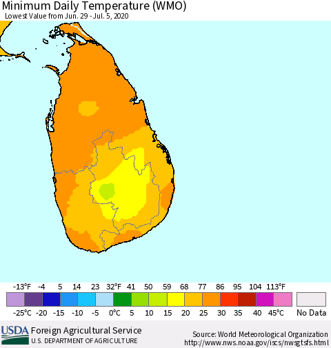 Sri Lanka Minimum Daily Temperature (WMO) Thematic Map For 6/29/2020 - 7/5/2020