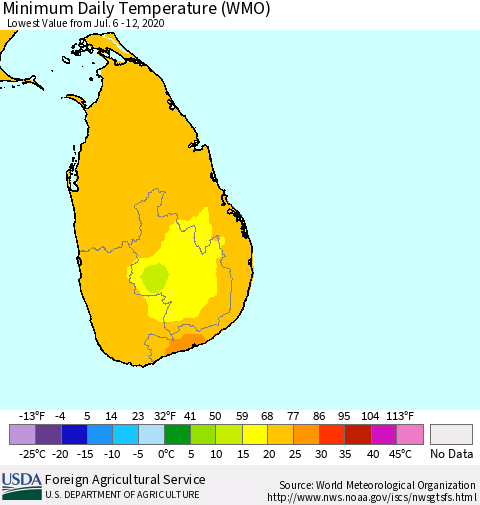 Sri Lanka Minimum Daily Temperature (WMO) Thematic Map For 7/6/2020 - 7/12/2020