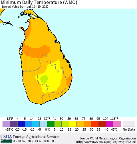 Sri Lanka Extreme Minimum Temperature (WMO) Thematic Map For 7/13/2020 - 7/19/2020