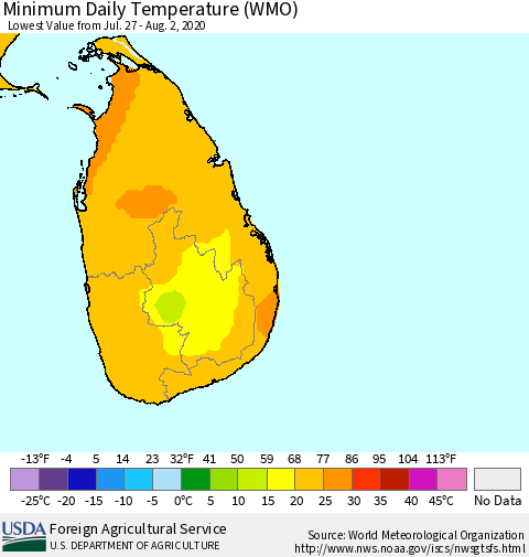 Sri Lanka Extreme Minimum Temperature (WMO) Thematic Map For 7/27/2020 - 8/2/2020