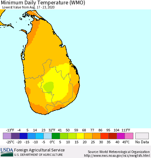 Sri Lanka Extreme Minimum Temperature (WMO) Thematic Map For 8/17/2020 - 8/23/2020